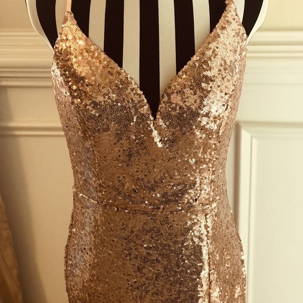 Rose gold blush color sequin long dress with spaghetti straps and split in front